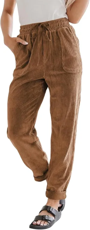 Corduroy Pants Women Elastic High Waist Loose Fit Straight Leg Pants Comfy Drawstring Work Pants Trousers w/Pockets