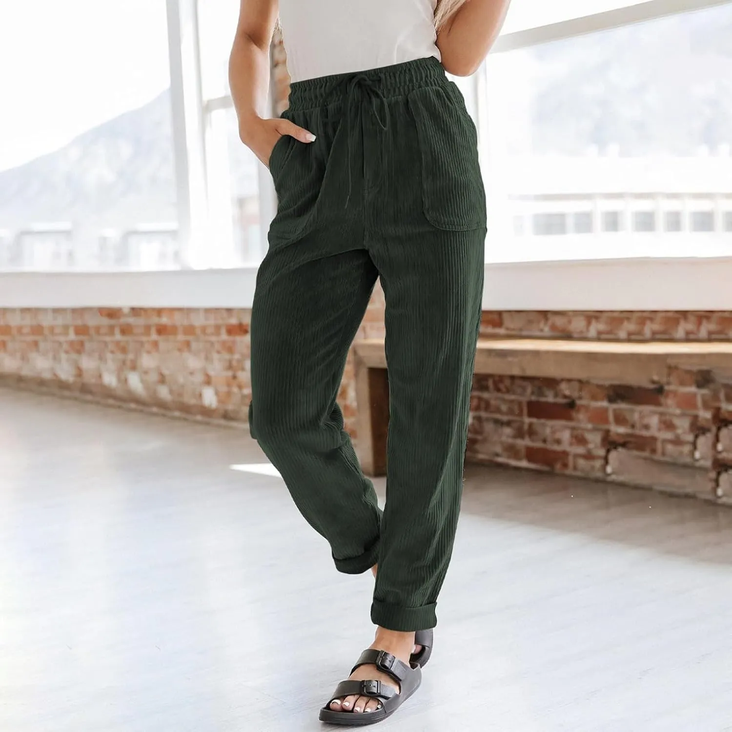 Corduroy Pants Women Elastic High Waist Loose Fit Straight Leg Pants Comfy Drawstring Work Pants Trousers w/Pockets