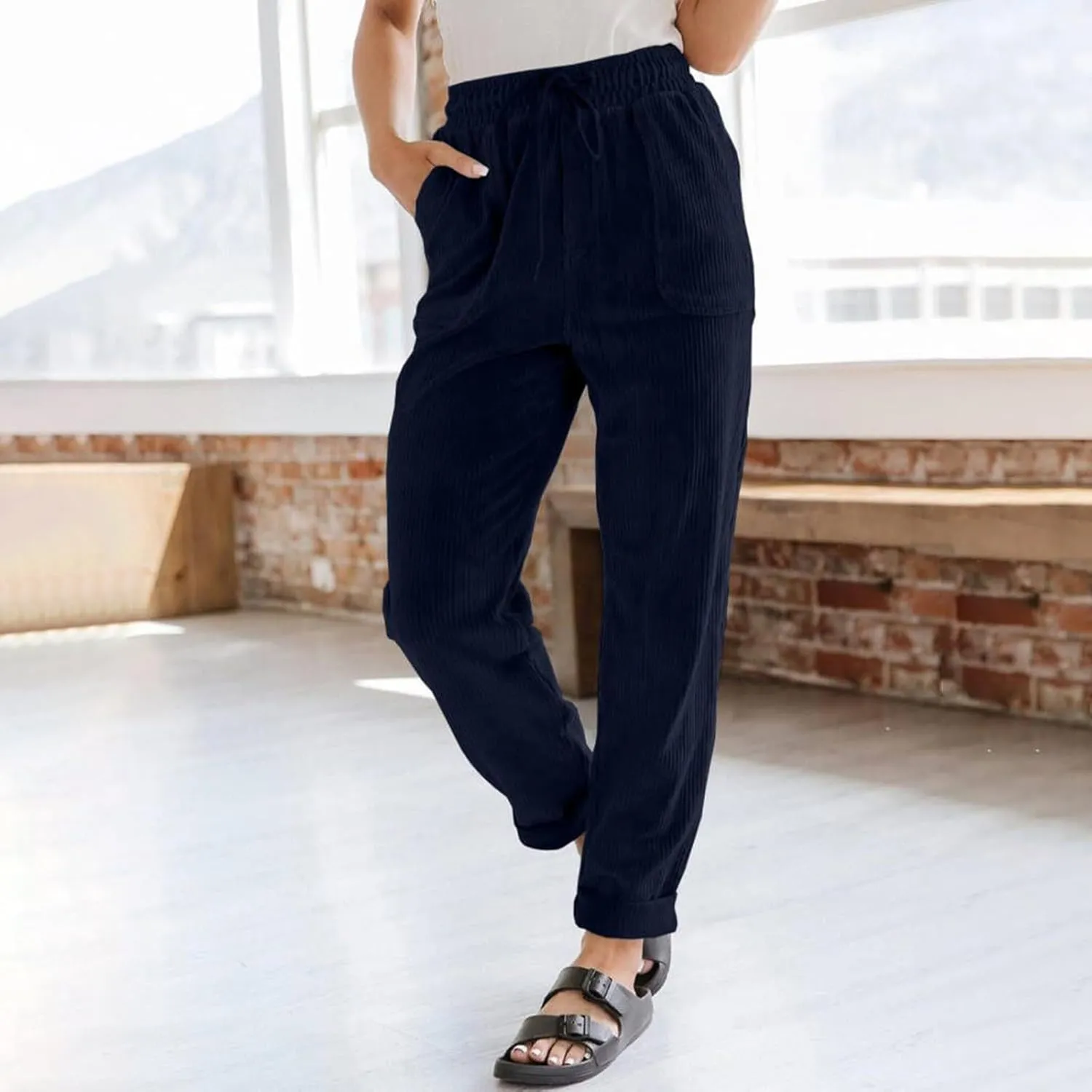 Corduroy Pants Women Elastic High Waist Loose Fit Straight Leg Pants Comfy Drawstring Work Pants Trousers w/Pockets