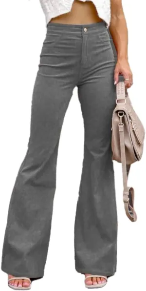 Corduroy Pants Women High Waist Flare Pants Casual Wide Leg Trousers with Pockets