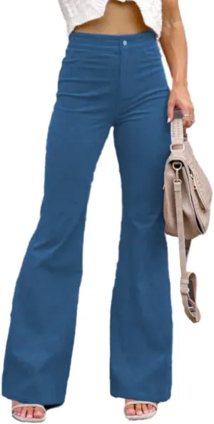 Corduroy Pants Women High Waist Flare Pants Casual Wide Leg Trousers with Pockets