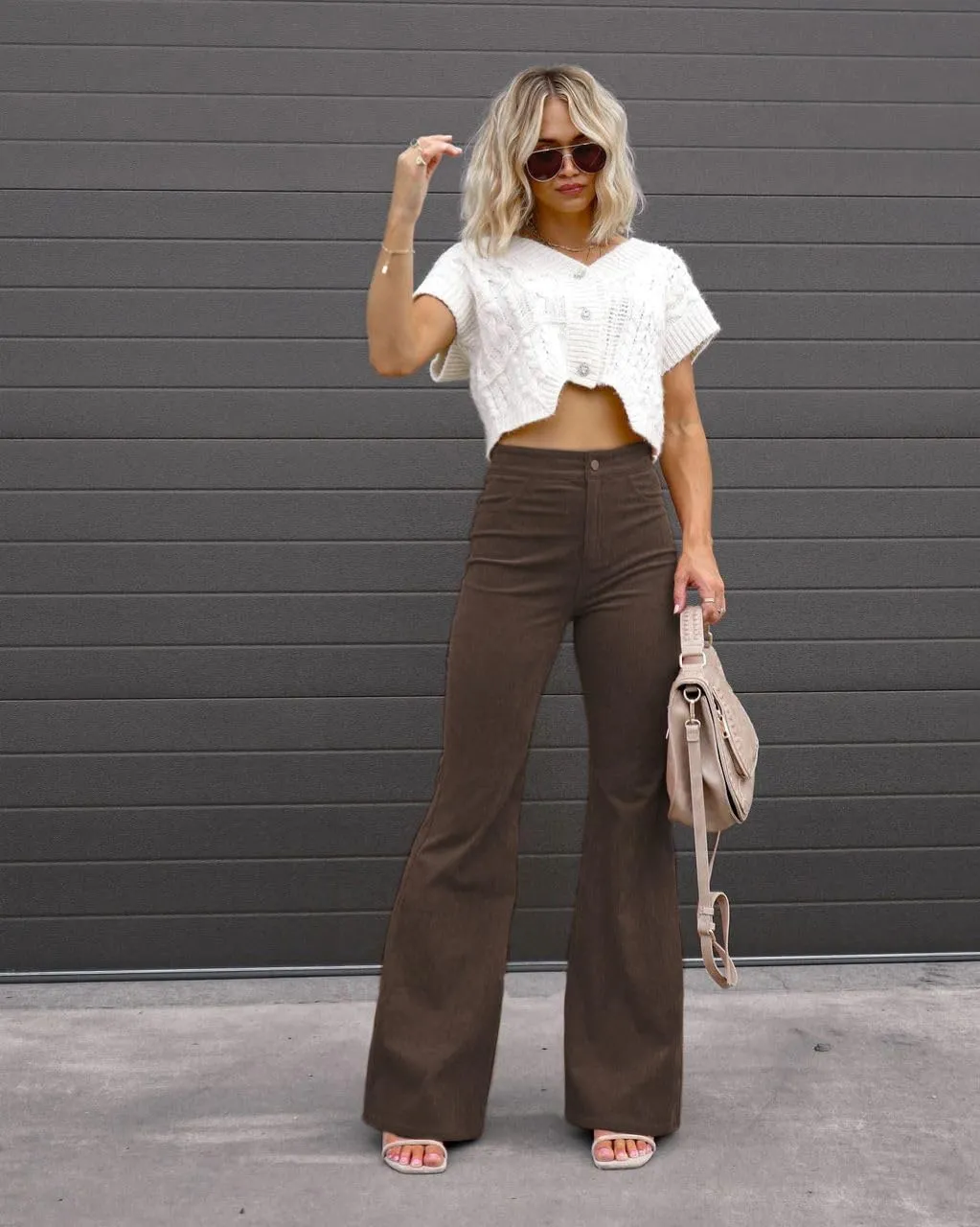 Corduroy Pants Women High Waist Flare Pants Casual Wide Leg Trousers with Pockets
