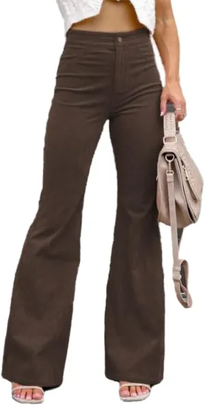 Corduroy Pants Women High Waist Flare Pants Casual Wide Leg Trousers with Pockets