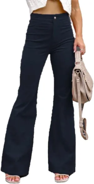 Corduroy Pants Women High Waist Flare Pants Casual Wide Leg Trousers with Pockets