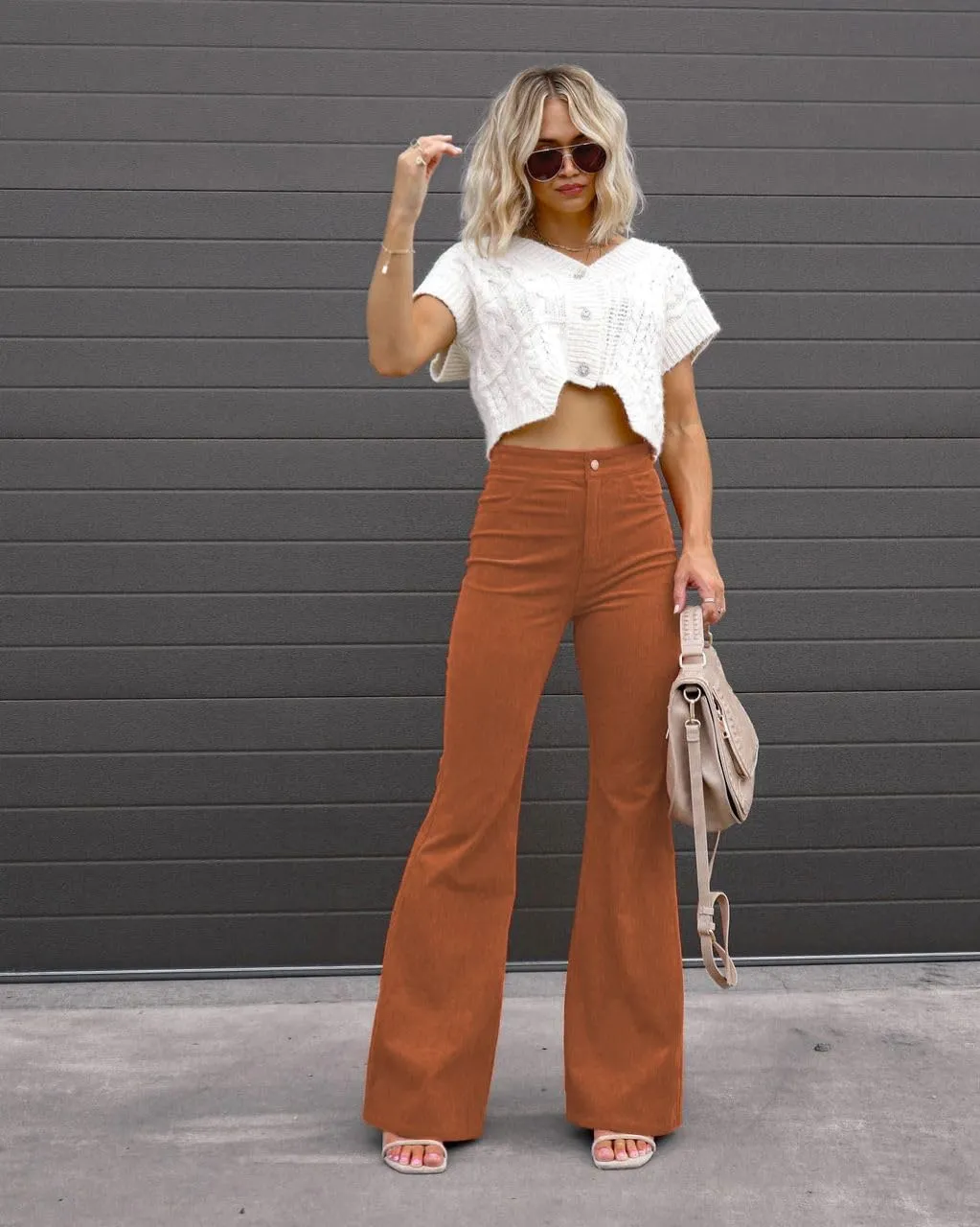 Corduroy Pants Women High Waist Flare Pants Casual Wide Leg Trousers with Pockets
