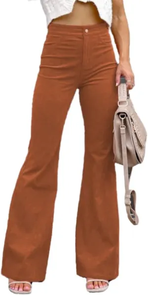 Corduroy Pants Women High Waist Flare Pants Casual Wide Leg Trousers with Pockets
