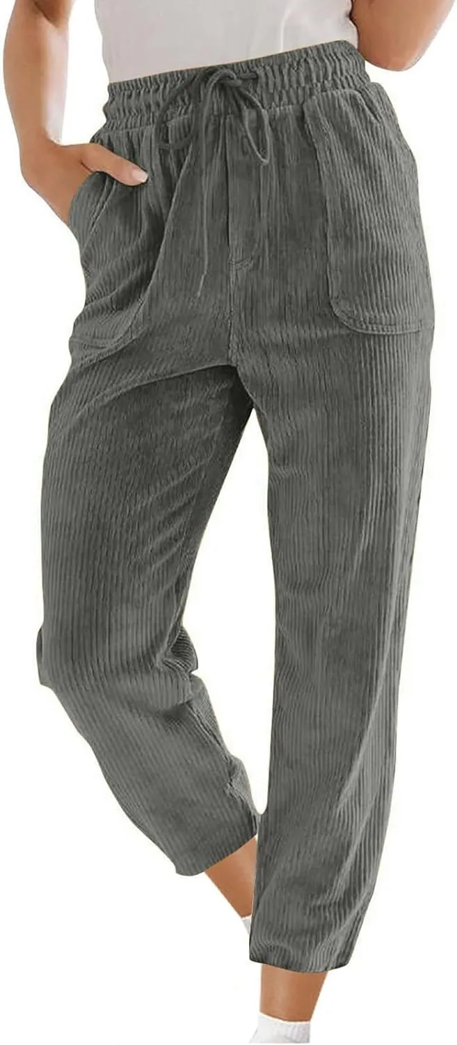 Corduroy Pants Women High Waisted Wide Leg Pants Casual Drawstring Elastic Waist Straight Leg Pants with Pockets