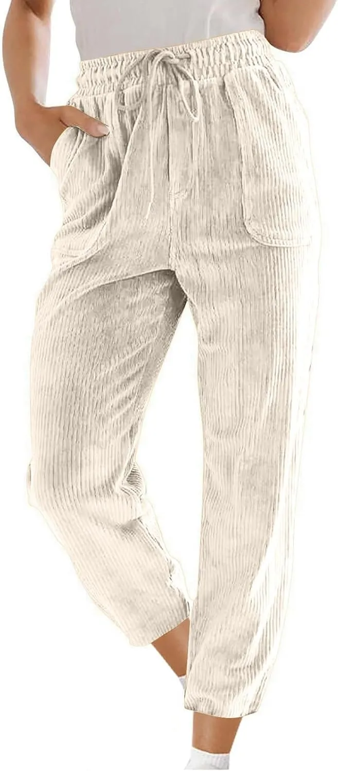 Corduroy Pants Women High Waisted Wide Leg Pants Casual Drawstring Elastic Waist Straight Leg Pants with Pockets