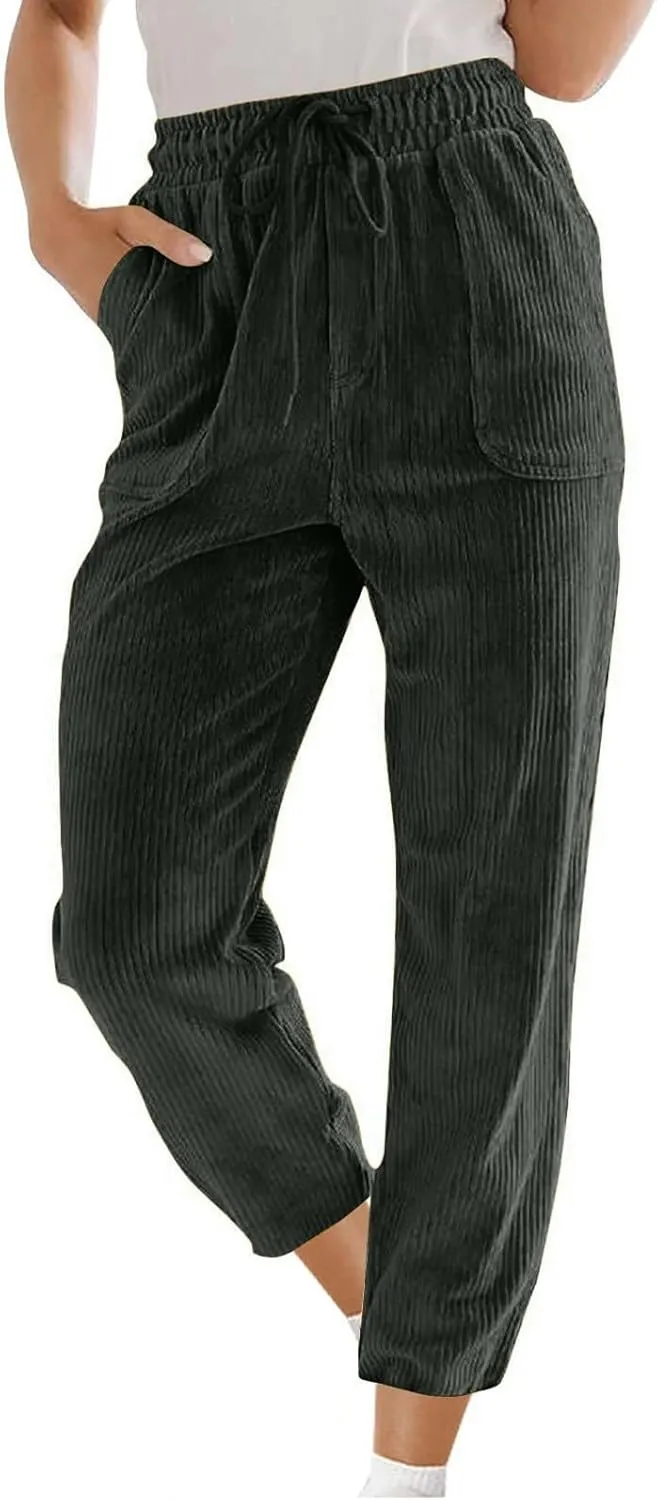 Corduroy Pants Women High Waisted Wide Leg Pants Casual Drawstring Elastic Waist Straight Leg Pants with Pockets