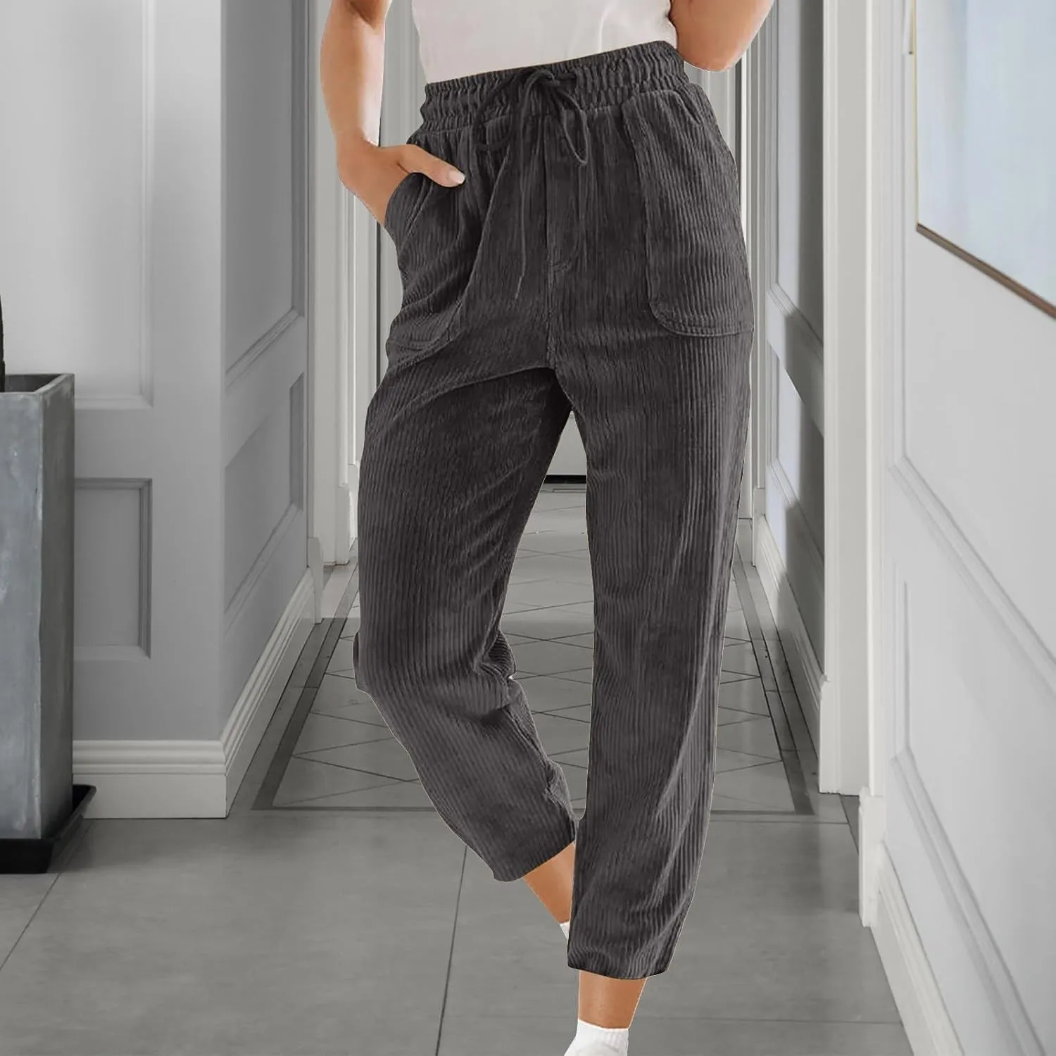 Corduroy Pants Women High Waisted Wide Leg Pants Casual Drawstring Elastic Waist Straight Leg Pants with Pockets