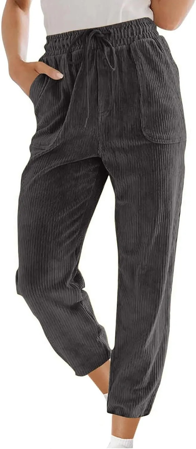 Corduroy Pants Women High Waisted Wide Leg Pants Casual Drawstring Elastic Waist Straight Leg Pants with Pockets