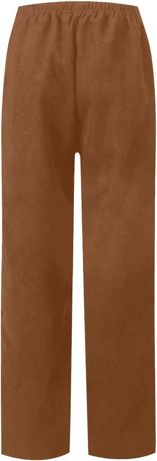 Corduroy Pants Women High Waisted Wide Leg Pants Casual Drawstring Elastic Waist Straight Leg Pants with Pockets