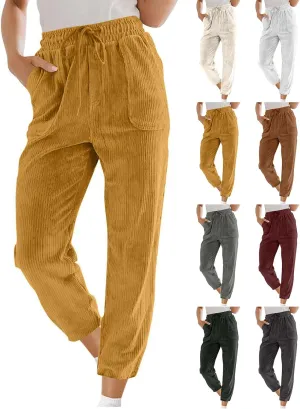 Corduroy Pants Women High Waisted Wide Leg Pants Casual Drawstring Elastic Waist Straight Leg Pants with Pockets
