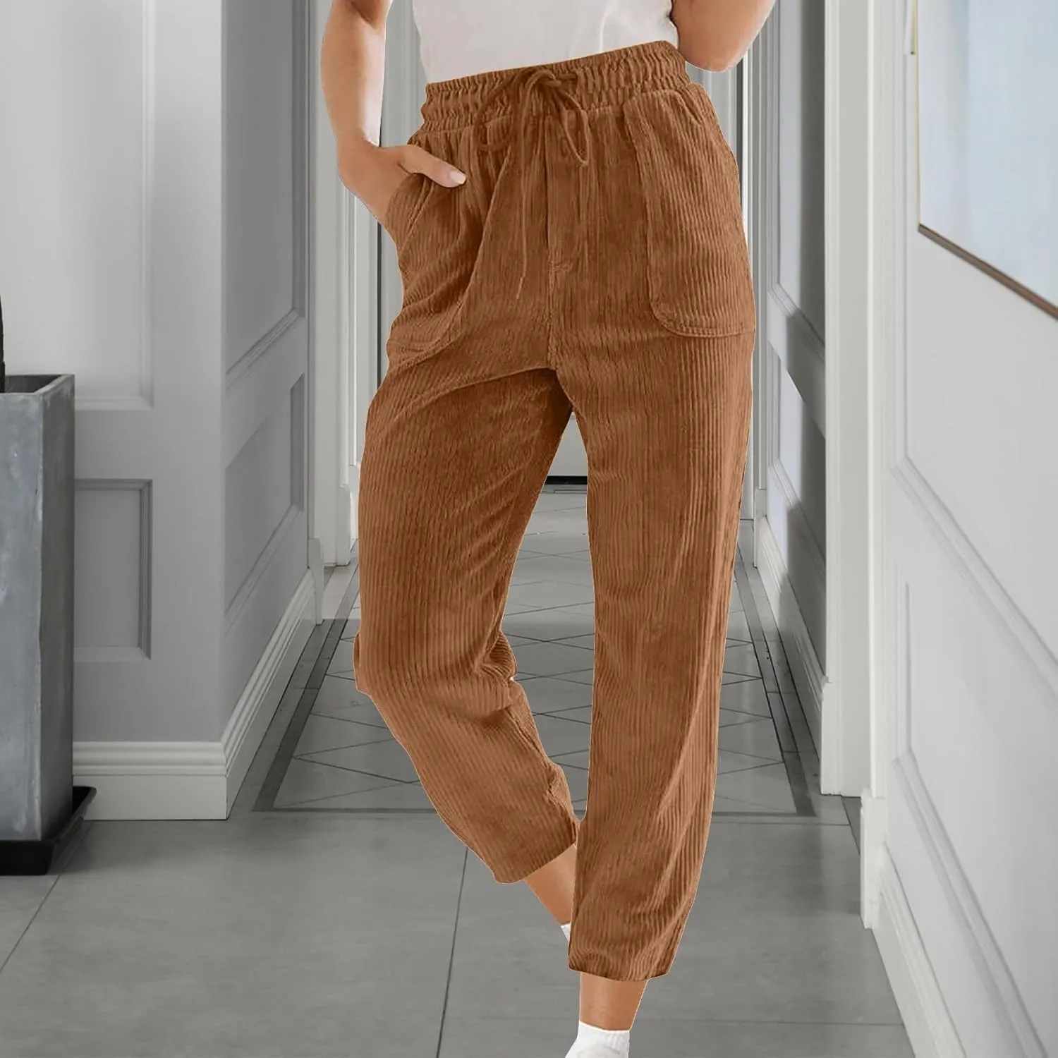 Corduroy Pants Women High Waisted Wide Leg Pants Casual Drawstring Elastic Waist Straight Leg Pants with Pockets