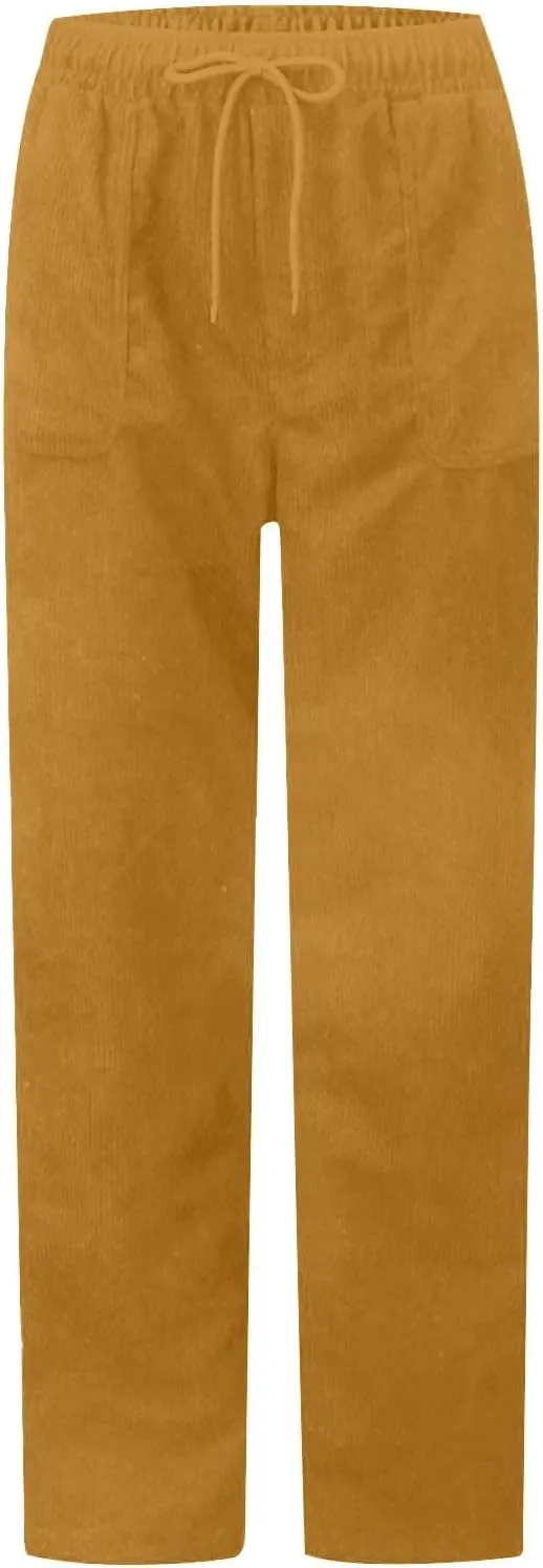 Corduroy Pants Women High Waisted Wide Leg Pants Casual Drawstring Elastic Waist Straight Leg Pants with Pockets