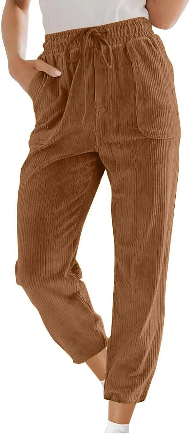 Corduroy Pants Women High Waisted Wide Leg Pants Casual Drawstring Elastic Waist Straight Leg Pants with Pockets