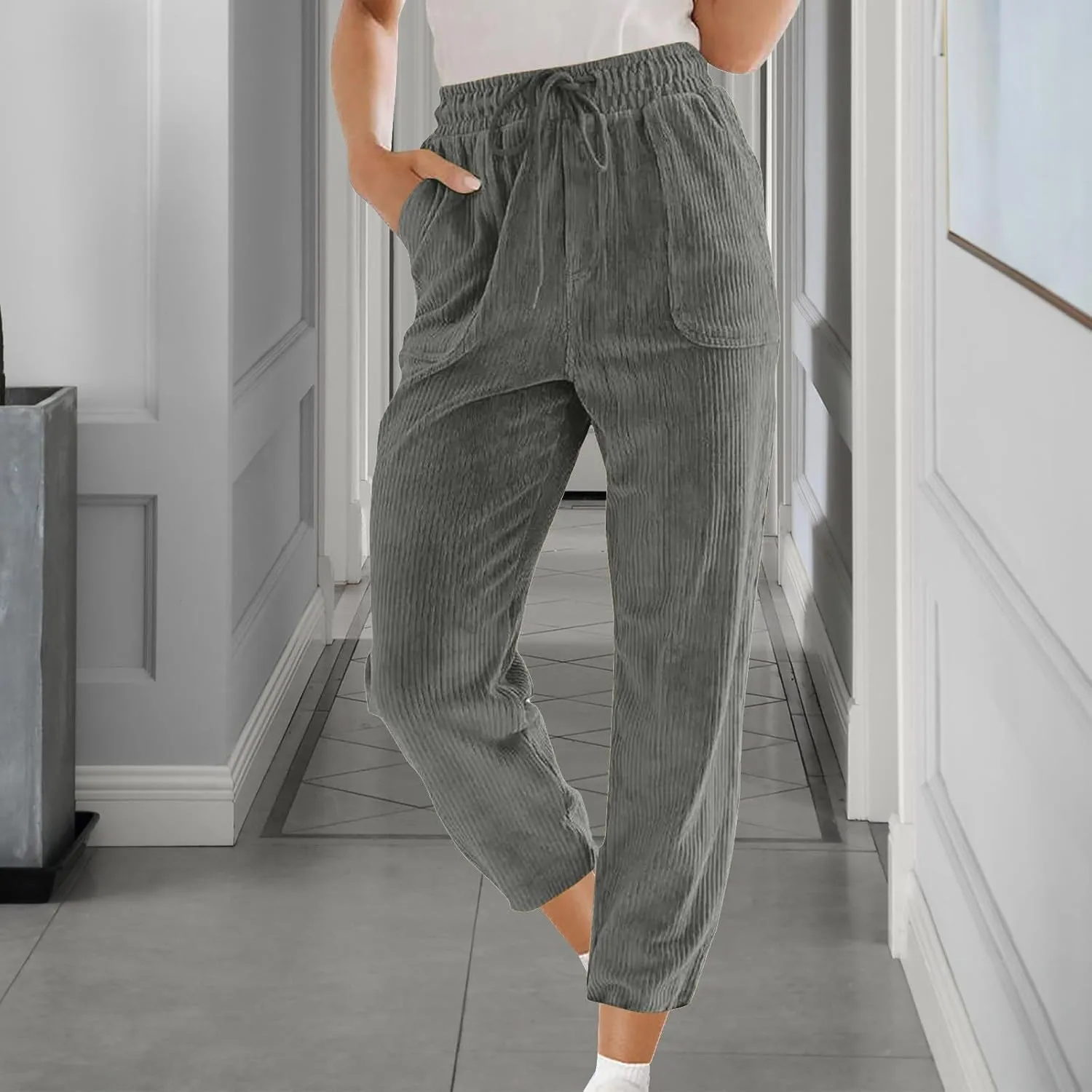 Corduroy Pants Women High Waisted Wide Leg Pants Casual Drawstring Elastic Waist Straight Leg Pants with Pockets