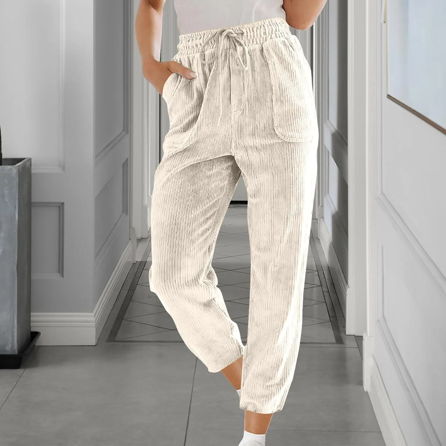 Corduroy Pants Women High Waisted Wide Leg Pants Casual Drawstring Elastic Waist Straight Leg Pants with Pockets