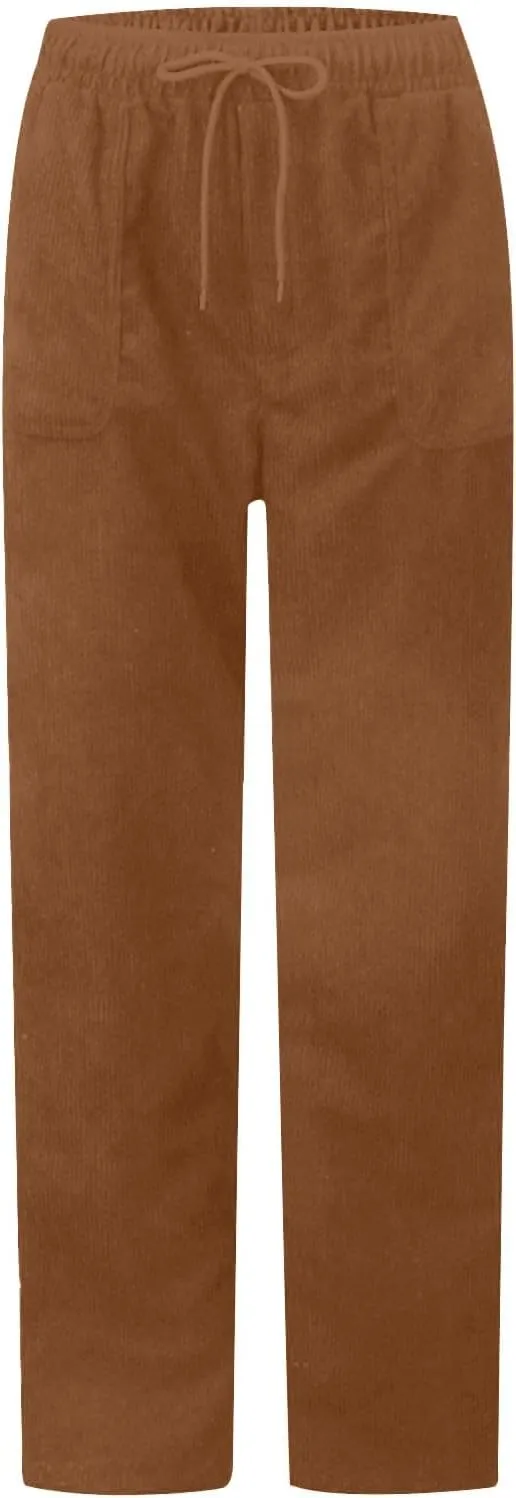 Corduroy Pants Women High Waisted Wide Leg Pants Casual Drawstring Elastic Waist Straight Leg Pants with Pockets