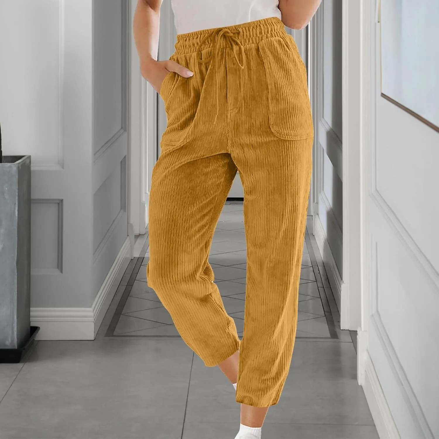 Corduroy Pants Women High Waisted Wide Leg Pants Casual Drawstring Elastic Waist Straight Leg Pants with Pockets