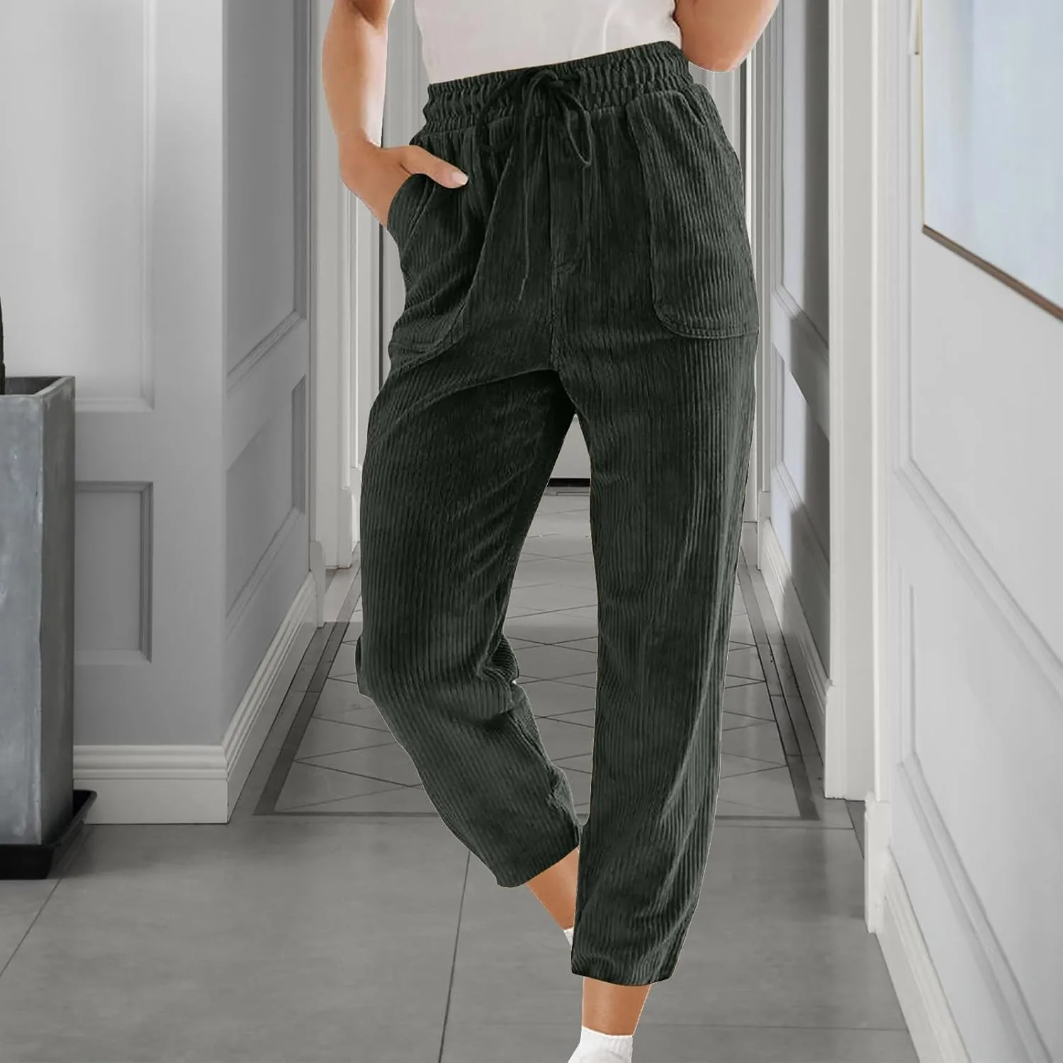 Corduroy Pants Women High Waisted Wide Leg Pants Casual Drawstring Elastic Waist Straight Leg Pants with Pockets