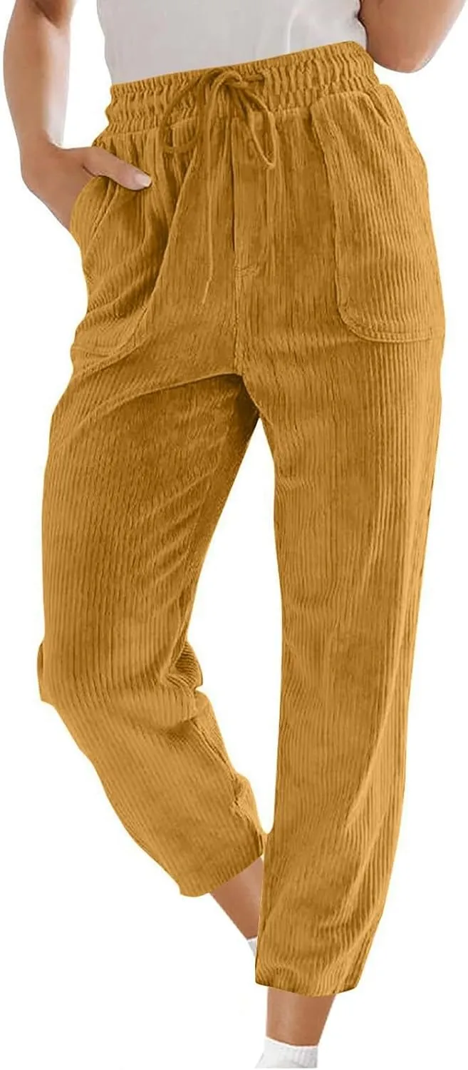 Corduroy Pants Women High Waisted Wide Leg Pants Casual Drawstring Elastic Waist Straight Leg Pants with Pockets