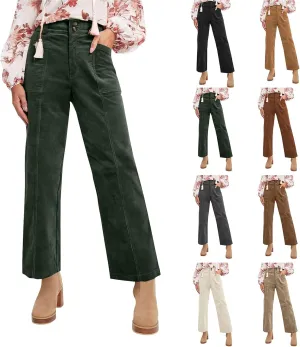 Corduroy Pants Women Straight Leg Elastic Waist Work Pants Casual Loose Ankle Jeans Vintage Teacher Pants with Pockets