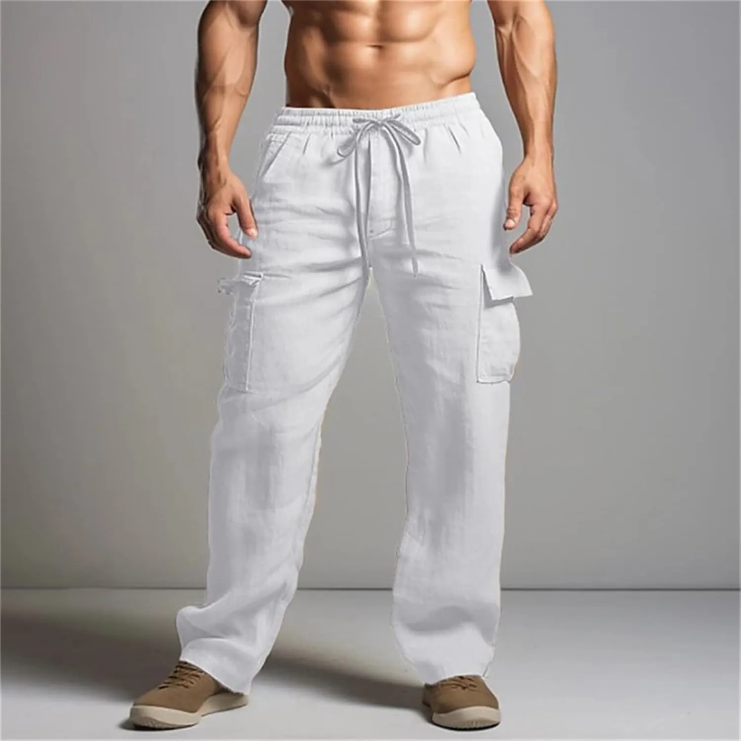 Cotton Linen Pants for Men Casual Elastic Drawstring Cargo Pants Lightweight Open Bottom Thin Trousers with Pockets