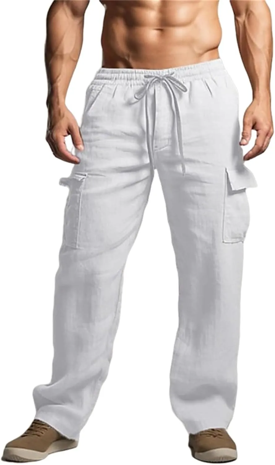 Cotton Linen Pants for Men Casual Elastic Drawstring Cargo Pants Lightweight Open Bottom Thin Trousers with Pockets