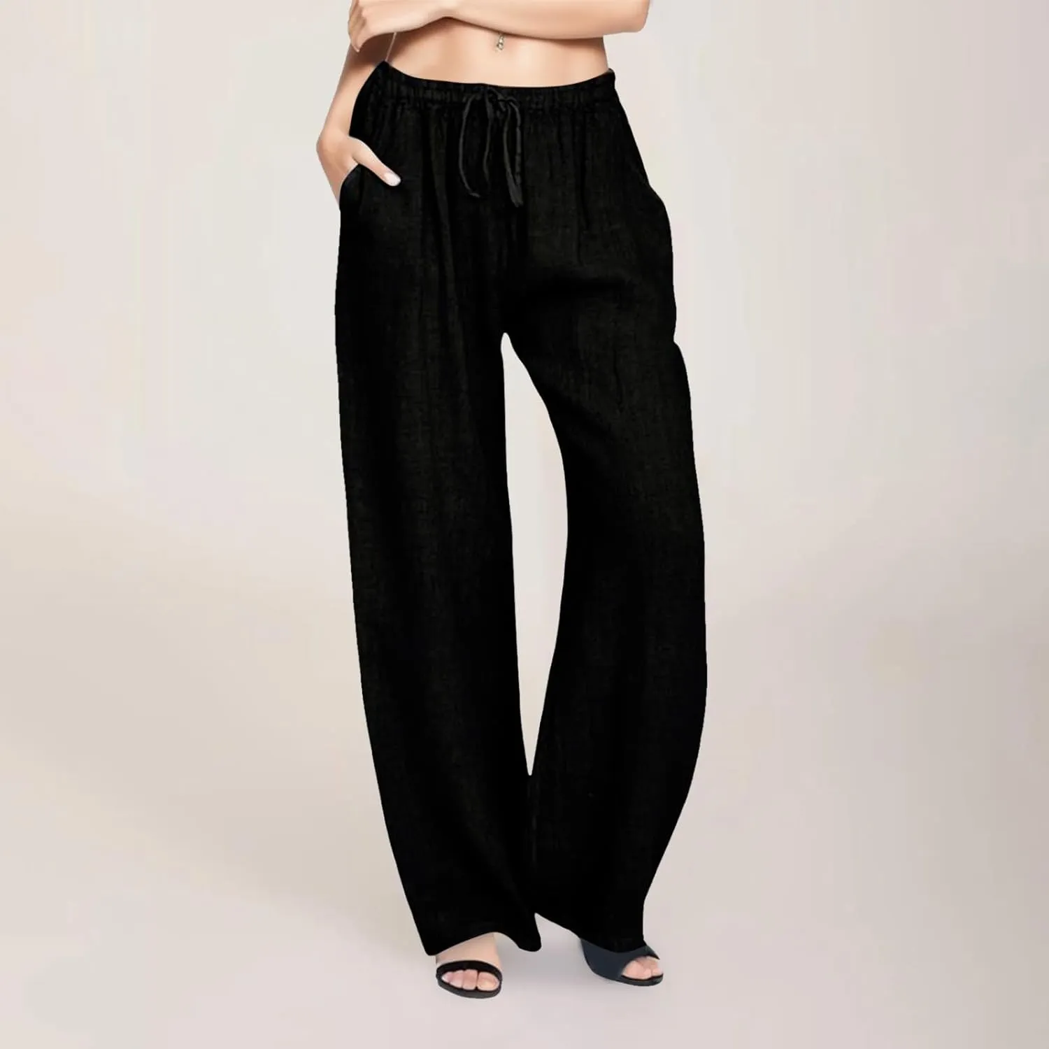Cotton Linen Pants Women Straight Leg Casual Elastic High Waist Drawstring Work Trousers Loose Summer Palazzo Pants