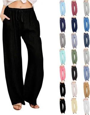 Cotton Linen Pants Women Straight Leg Casual Elastic High Waist Drawstring Work Trousers Loose Summer Palazzo Pants