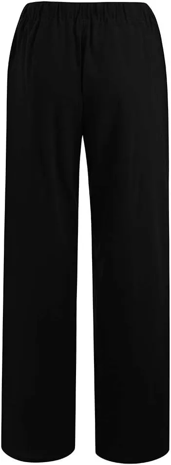 Cotton Linen Pants Women Straight Leg Casual Elastic High Waist Drawstring Work Trousers Loose Summer Palazzo Pants