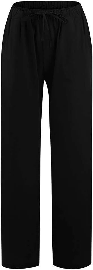 Cotton Linen Pants Women Straight Leg Casual Elastic High Waist Drawstring Work Trousers Loose Summer Palazzo Pants