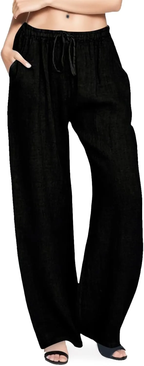 Cotton Linen Pants Women Straight Leg Casual Elastic High Waist Drawstring Work Trousers Loose Summer Palazzo Pants