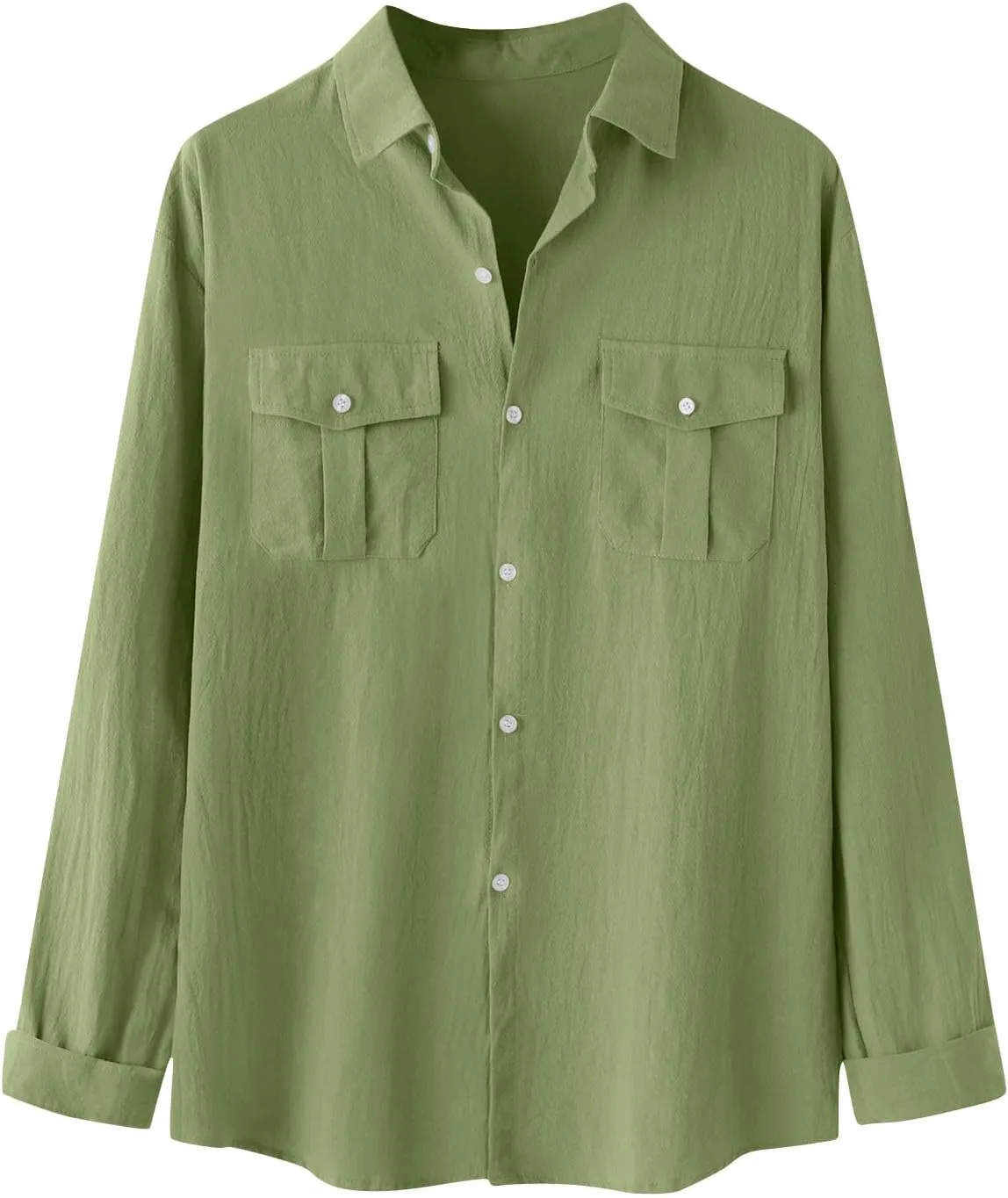 Cotton Linen Shirts for Men Long Sleeve Lapel Collar Buttons Shirt with Pockets Casual Regular Fit Lightweight Blouse