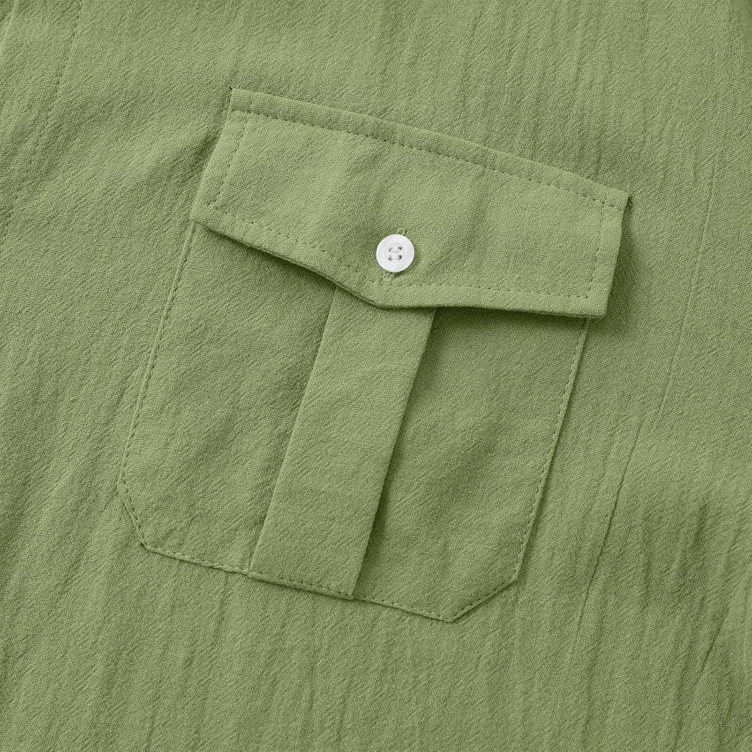Cotton Linen Shirts for Men Long Sleeve Lapel Collar Buttons Shirt with Pockets Casual Regular Fit Lightweight Blouse