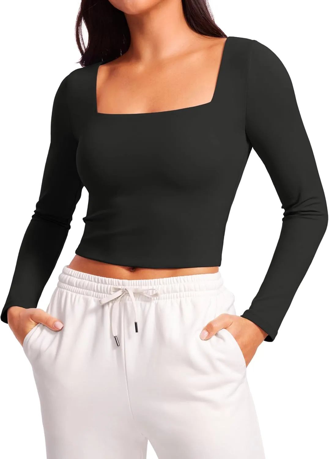 CRZ YOGA Womens Butterluxe Double Lined Long Sleeve Crop Top Square Neck Workout Athletic Casual Cropped Fitted Basic Shirts