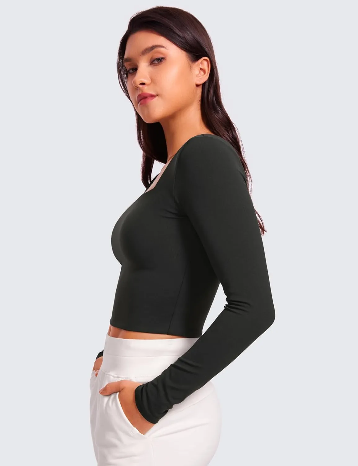 CRZ YOGA Womens Butterluxe Double Lined Long Sleeve Crop Top Square Neck Workout Athletic Casual Cropped Fitted Basic Shirts