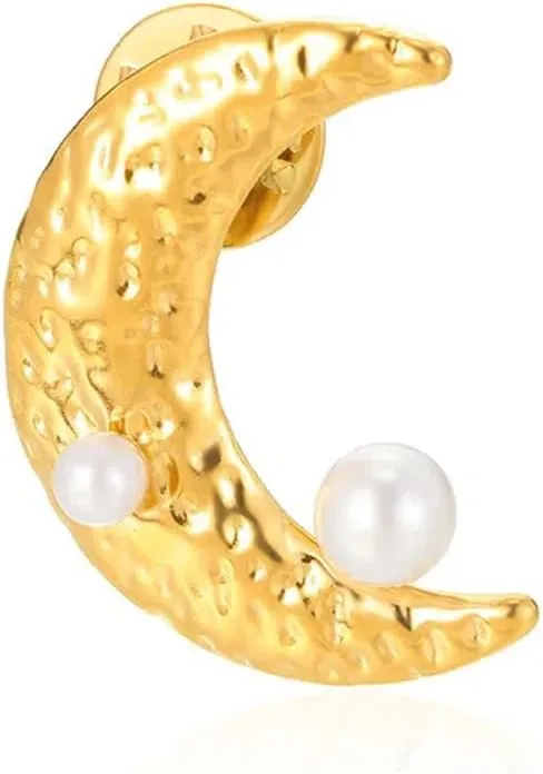 Delicate Pearl Crescent Brooch Pin for Women Pearls Moon Minimalist Stainless Steel Lapel Pins Cardigan Collar Clip Dress Shirt Jacket Cloth Accessory Jewelry