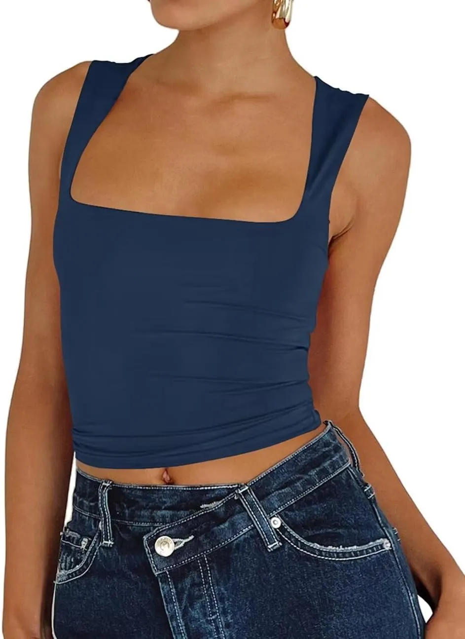 Dressmine Women's Sexy Sleeveless Square Neck Crop Top Seamless Knitting Trendy Basics Tank Top