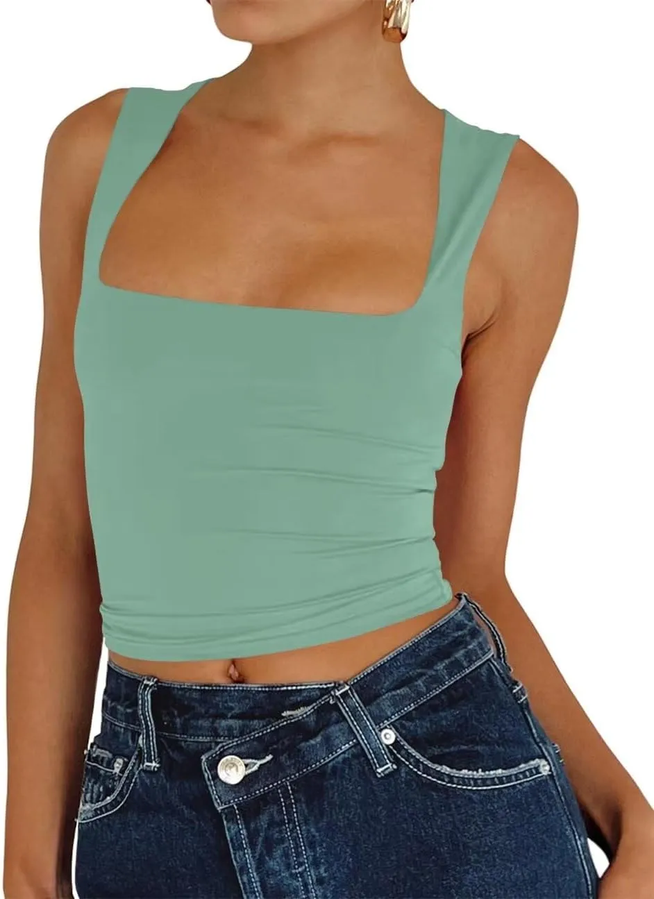 Dressmine Women's Sexy Sleeveless Square Neck Crop Top Seamless Knitting Trendy Basics Tank Top