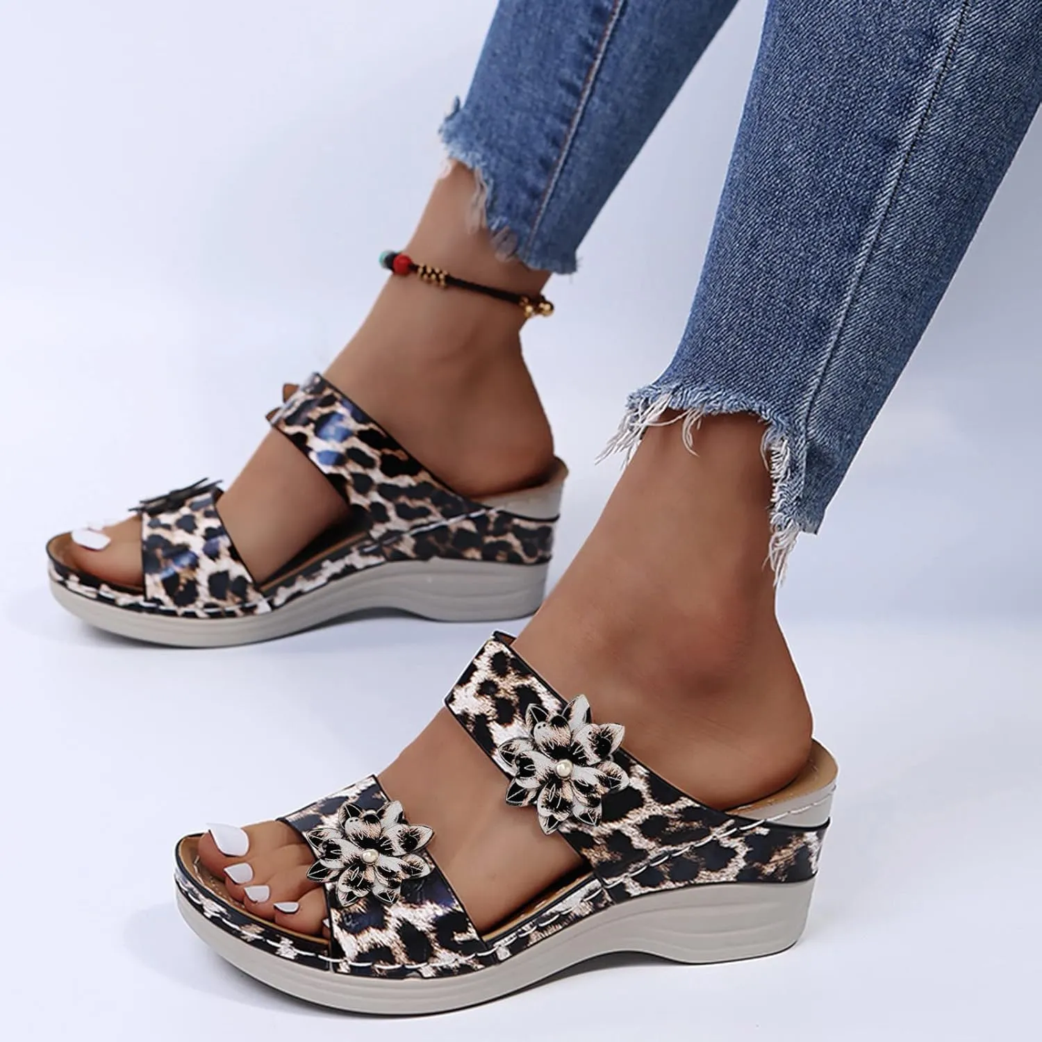 Eduavar Womens Sandals Comfortable, Sandals Women Floral Leopard Print Sandals Peep Toe Wedge Sandals Comfy Slip On Shoes