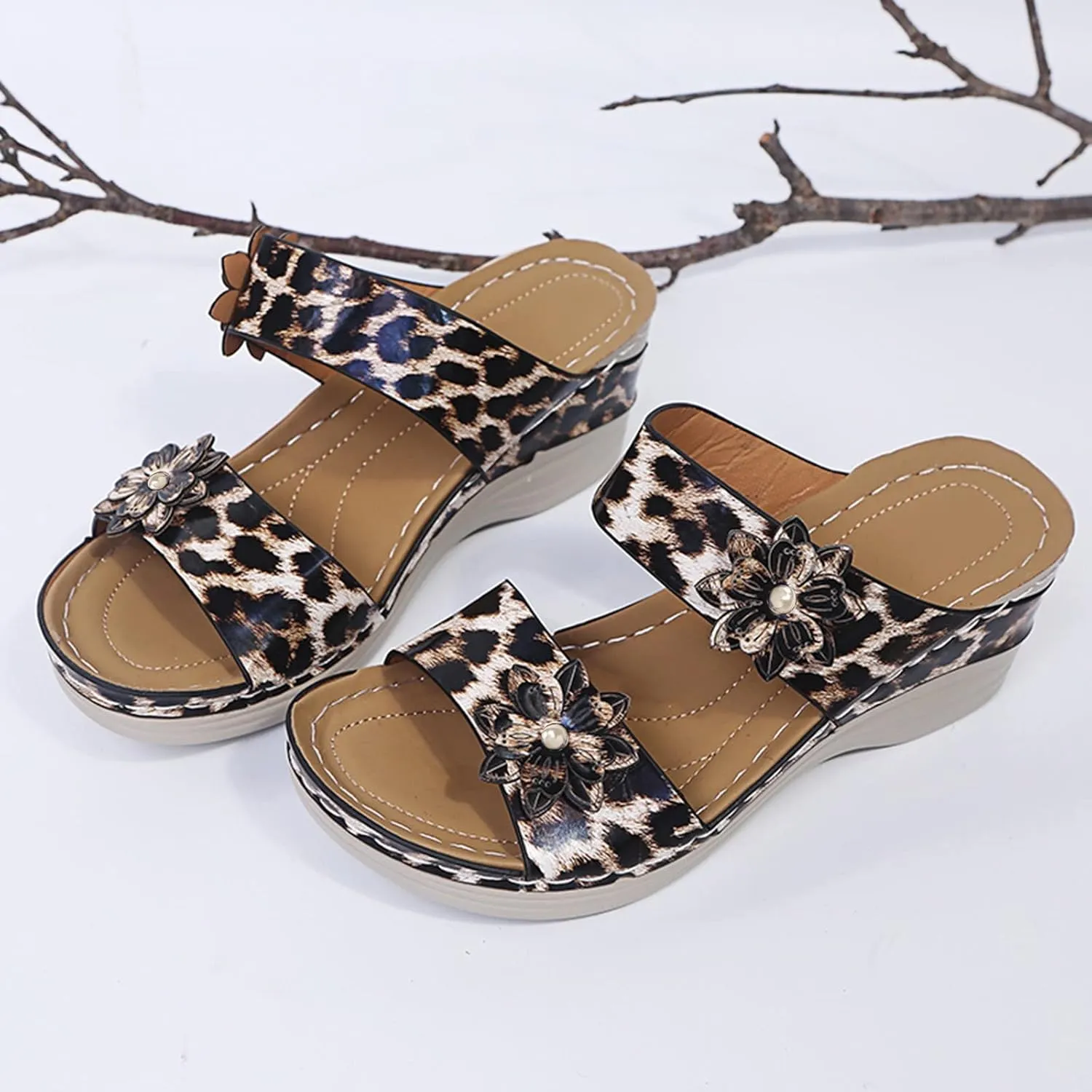 Eduavar Womens Sandals Comfortable, Sandals Women Floral Leopard Print Sandals Peep Toe Wedge Sandals Comfy Slip On Shoes