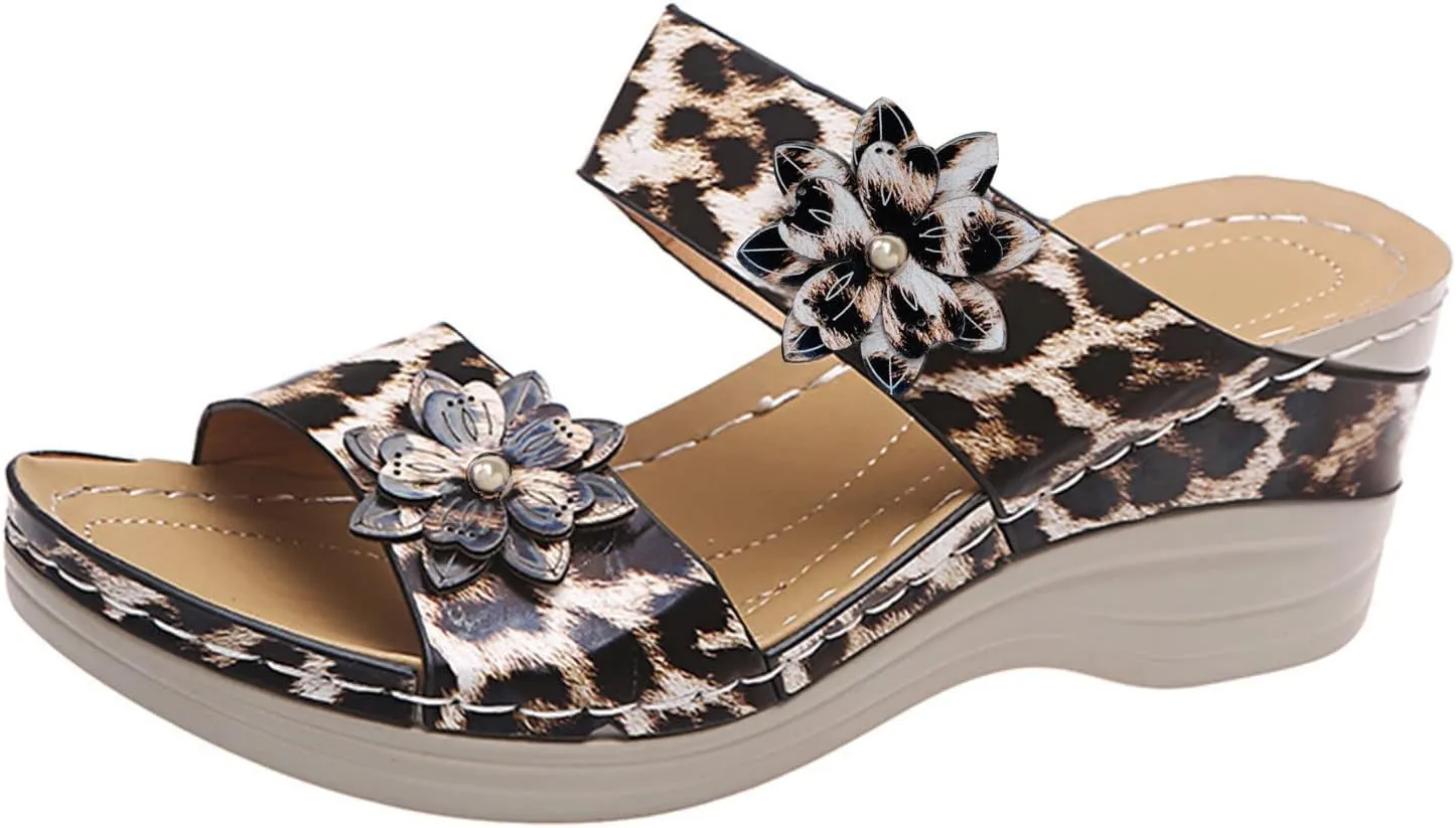 Eduavar Womens Sandals Comfortable, Sandals Women Floral Leopard Print Sandals Peep Toe Wedge Sandals Comfy Slip On Shoes