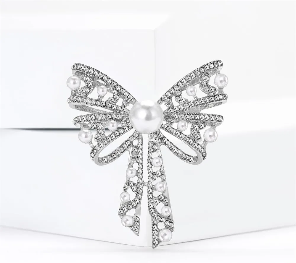 Elegant Cz Bow Pearl Brooch for Women Ladies Silver/Gold Plated Dainty Dazzling Crystal Ribbon Bow Lapel Pins for Hat Bag Suit Tie Dress Shirt Scraf Clip for Clothes Accessories Wedding Party Jewelry