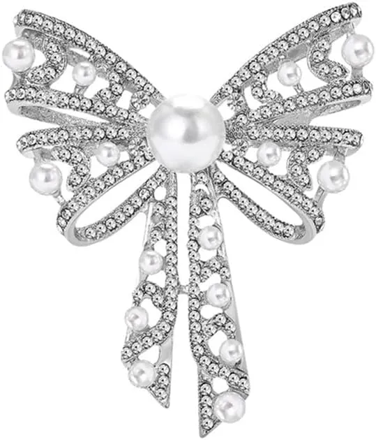 Elegant Cz Bow Pearl Brooch for Women Ladies Silver/Gold Plated Dainty Dazzling Crystal Ribbon Bow Lapel Pins for Hat Bag Suit Tie Dress Shirt Scraf Clip for Clothes Accessories Wedding Party Jewelry