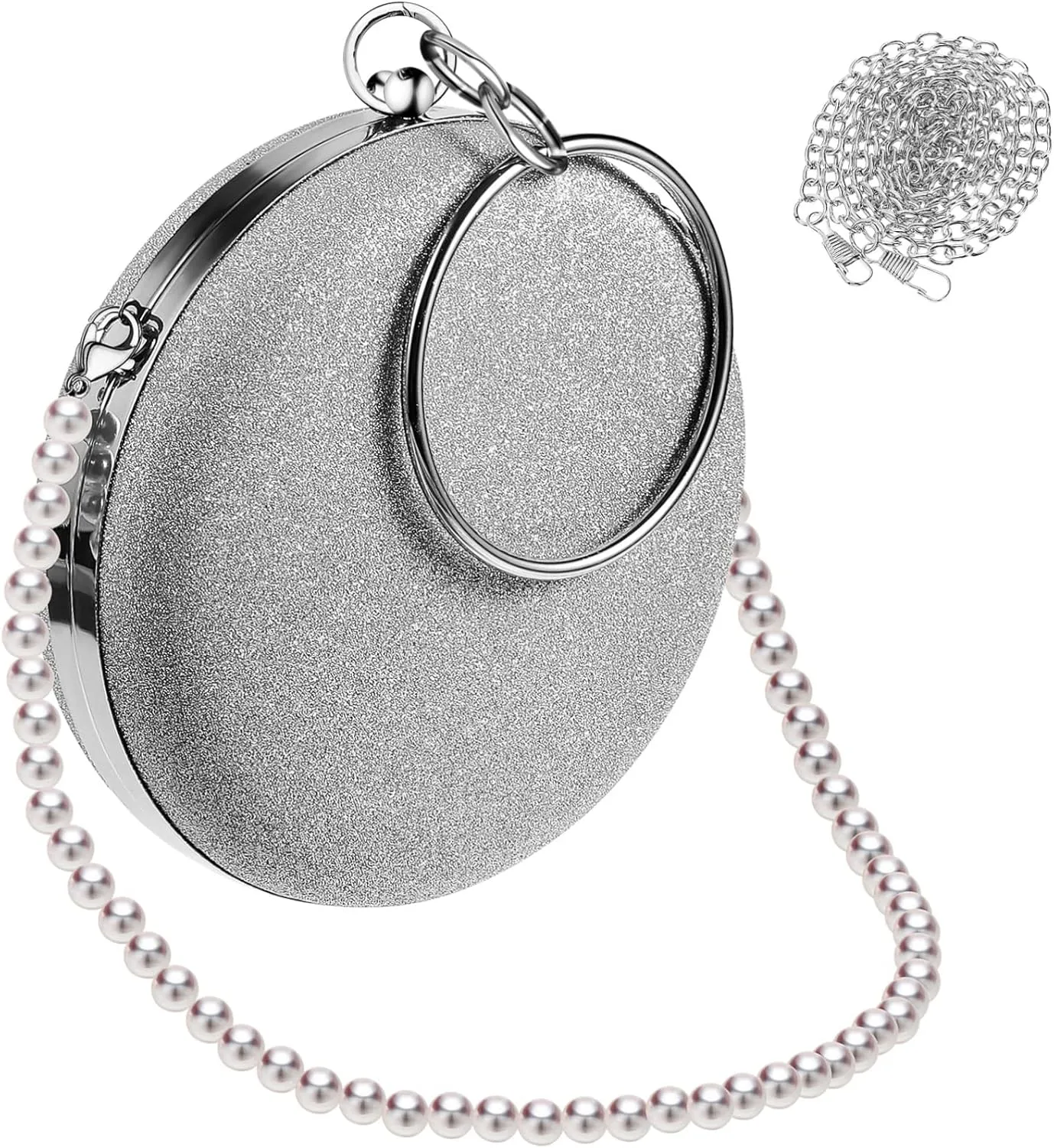 Elegant Evening Bag Set Silver Handbags with Pearls Chain Party Clutch Purse