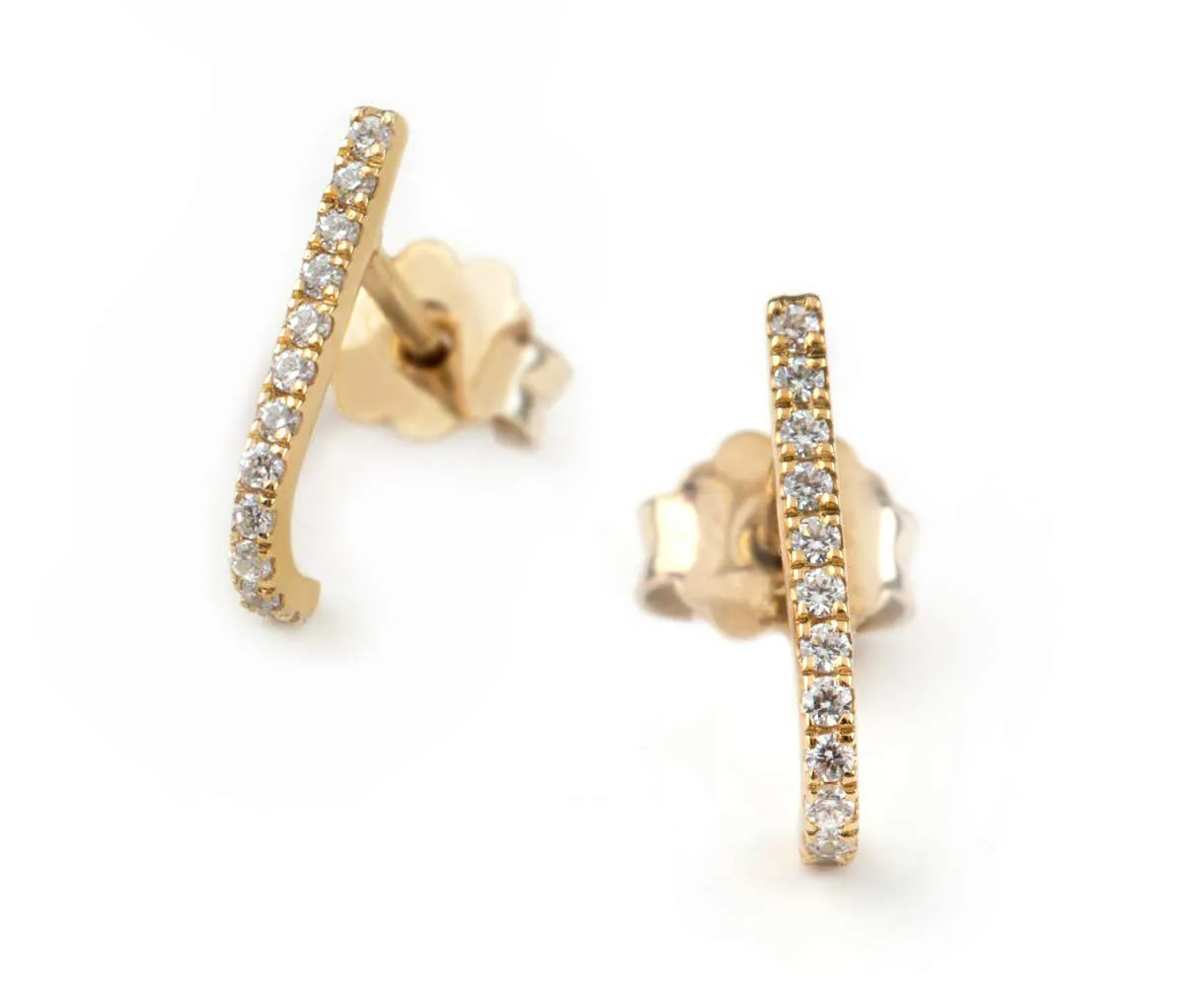 Elegant jewel box Trendy diamond bar earrings, Minimalist stud earrings in solid gold 9k, 14k & 18k, Diamond Curve bar stud earrings, curve bar studs hug the earlobe