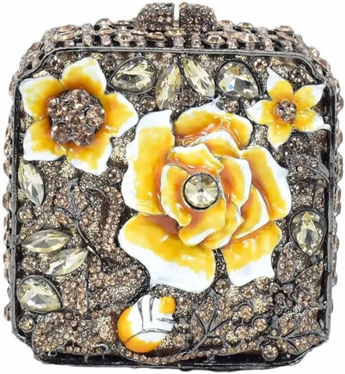 Elegant Women Oil Floral Crystal Evening Bag Flower Diamond Wedding Party Purse Square Box Rhinestone Handbag for Prom