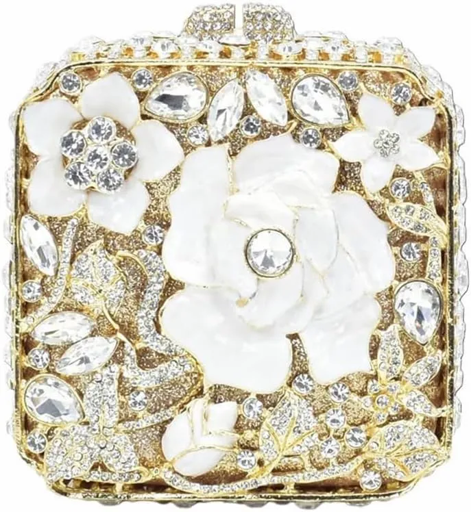 Elegant Women Oil Floral Crystal Evening Bag Flower Diamond Wedding Party Purse Square Box Rhinestone Handbag for Prom